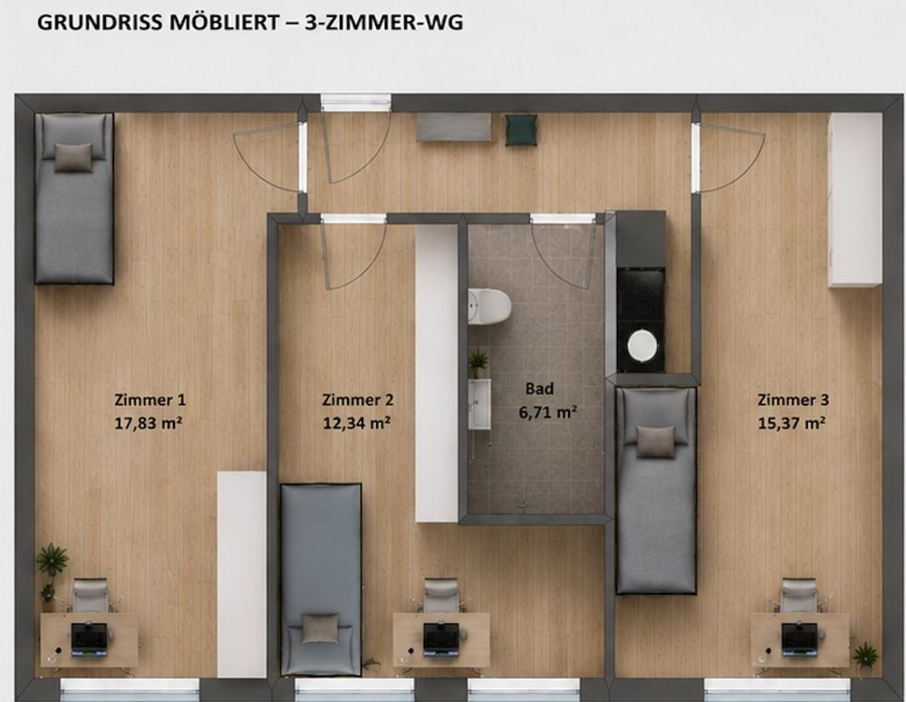 Grundriss der möblierten 3-Zimmer-WG, ca. 55 m²
